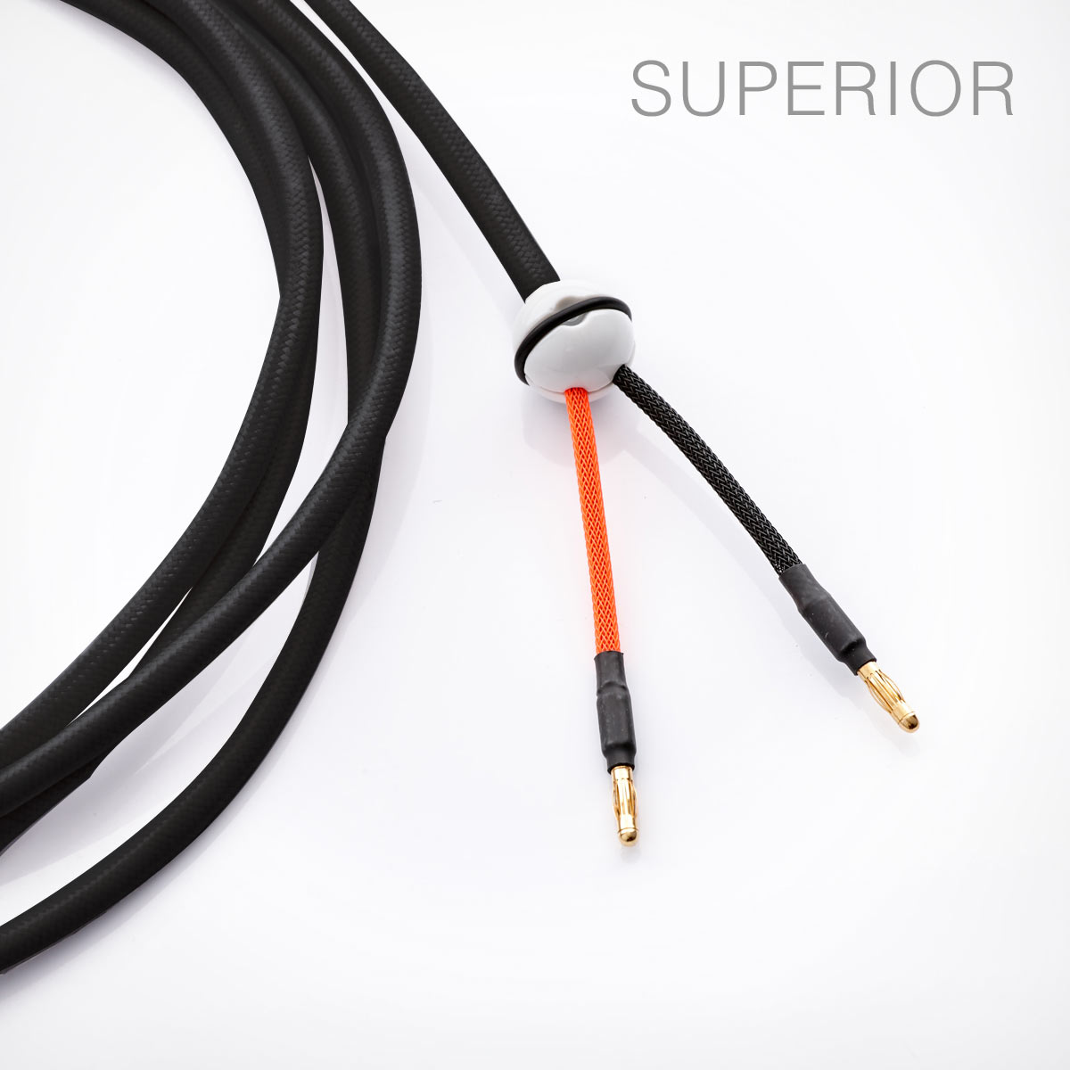 Loudspeaker cable, handmade, textile cabel with porcelain ball cable splitter and banans, black.