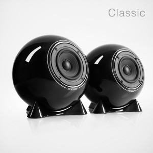 mo° sound Ball Speaker, classic, black. Full range frequency response, diaphram polypropylen broadband speaker. Black porcelain housing.