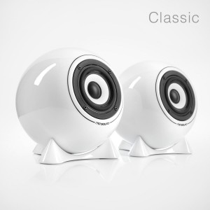 mo° sound Ball Speaker, classic, white. Full range frequency response, diaphram Alum/Mg broadband speaker. White porcelain housing.