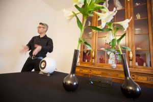 Ronald Jaklitsch presenting his innovation the ball shaped loudspeaker at Augarten Vienna.