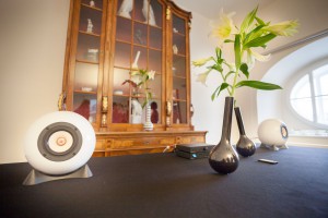 mo° sound Augarten Loudspeakers on black table with vases and Pro-Ject Audio equipment.